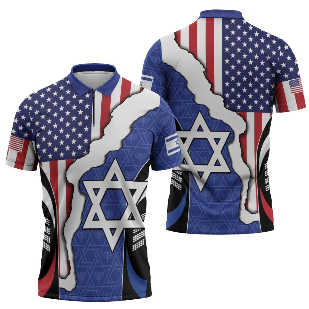 USA Israel Zipper Polo Shirt Stars of David Sporty Style
