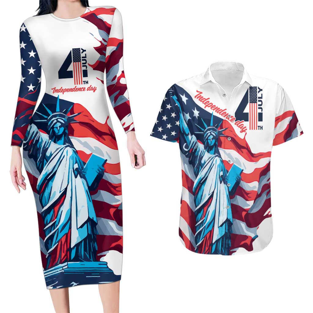Personalized United States Independence Day Couples Matching Long Sleeve Bodycon Dress and Hawaiian Shirt Statue of Liberty Happy 4th Of July LT9 - Wonder Print Shop