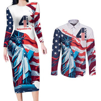 Personalized United States Independence Day Couples Matching Long Sleeve Bodycon Dress and Long Sleeve Button Shirt Statue of Liberty Happy 4th Of July LT9 - Wonder Print Shop