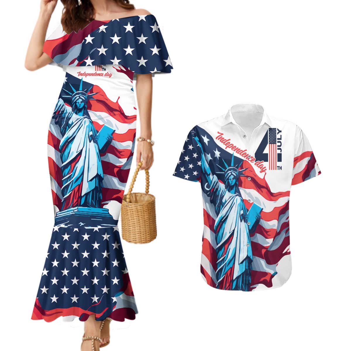 Personalized United States Independence Day Couples Matching Mermaid Dress and Hawaiian Shirt Statue of Liberty Happy 4th Of July LT9 - Wonder Print Shop