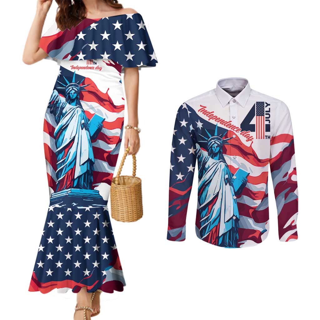 Personalized United States Independence Day Couples Matching Mermaid Dress and Long Sleeve Button Shirt Statue of Liberty Happy 4th Of July