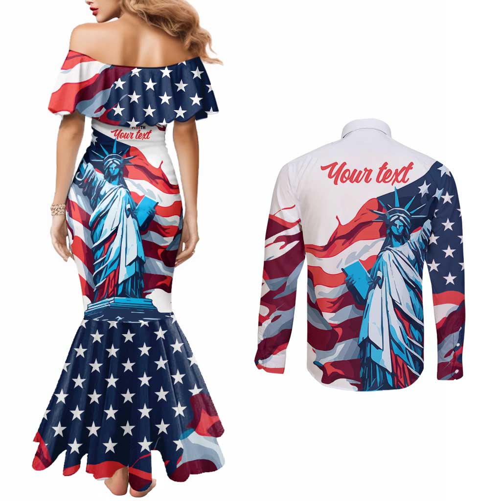 Personalized United States Independence Day Couples Matching Mermaid Dress and Long Sleeve Button Shirt Statue of Liberty Happy 4th Of July