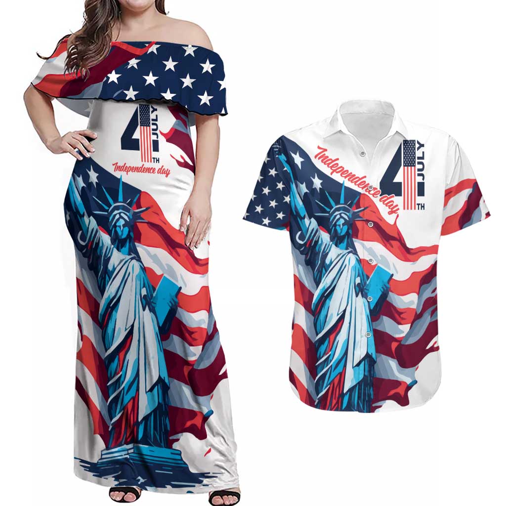 Personalized United States Independence Day Couples Matching Off Shoulder Maxi Dress and Hawaiian Shirt Statue of Liberty Happy 4th Of July LT9 - Wonder Print Shop