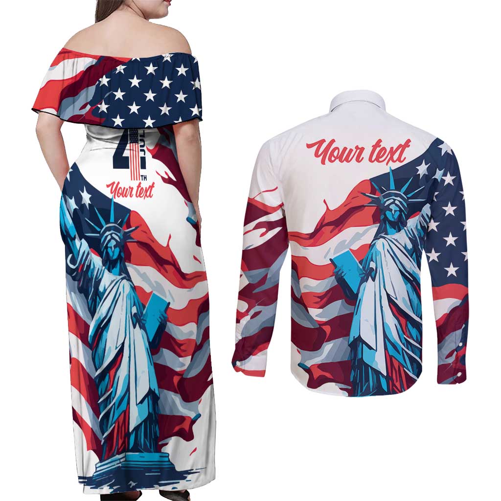 Personalized United States Independence Day Couples Matching Off Shoulder Maxi Dress and Long Sleeve Button Shirt Statue of Liberty Happy 4th Of July LT9 - Wonder Print Shop
