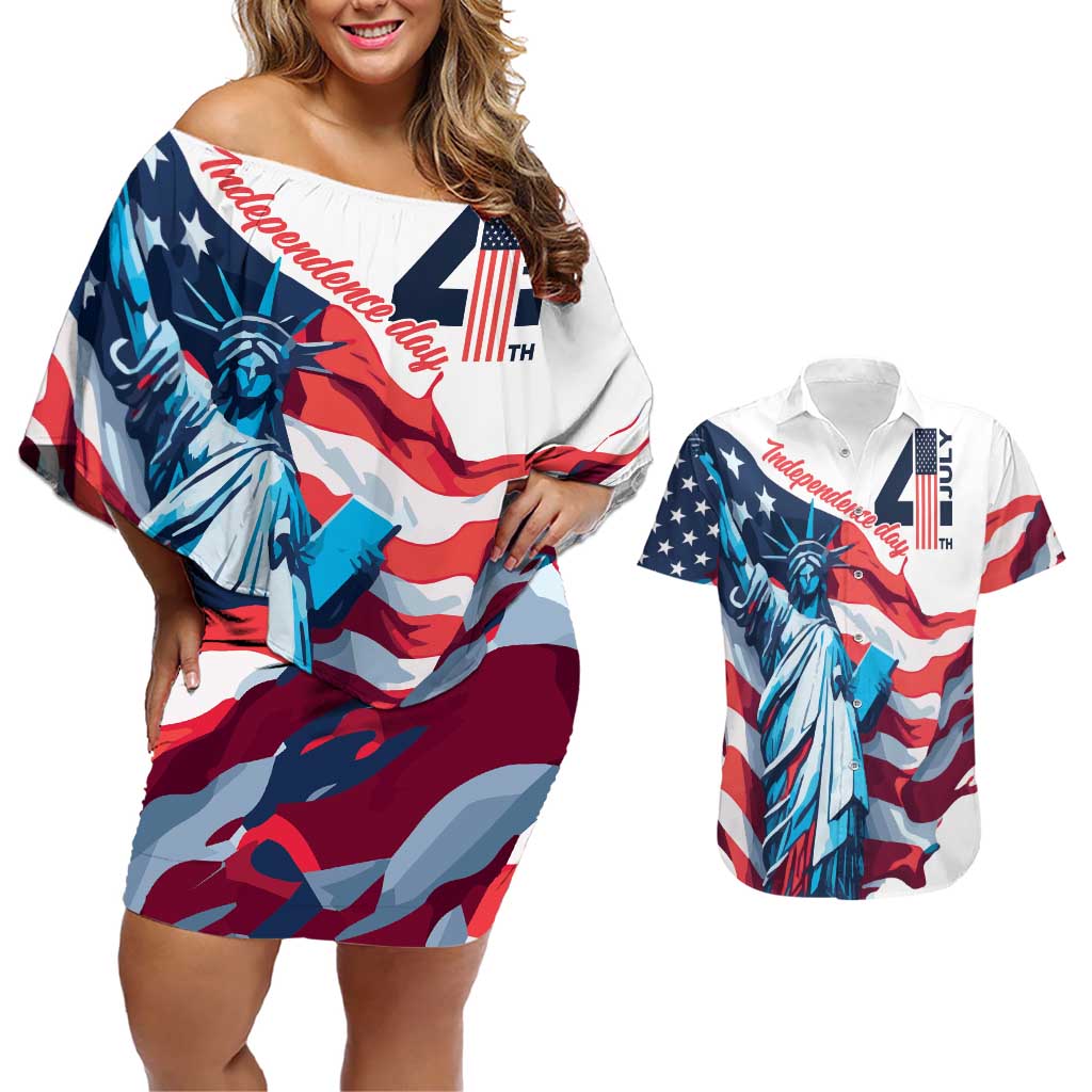 Personalized United States Independence Day Couples Matching Off Shoulder Short Dress and Hawaiian Shirt Statue of Liberty Happy 4th Of July LT9 - Wonder Print Shop