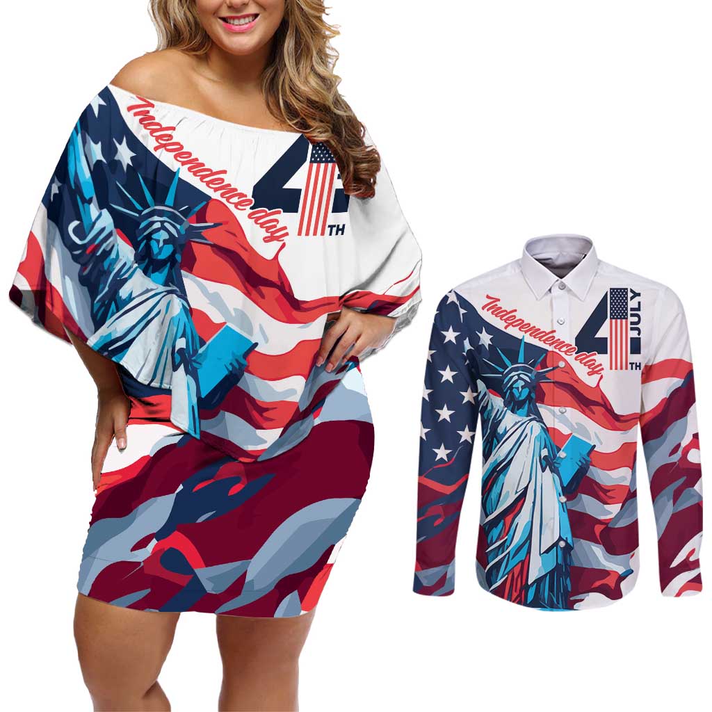 Personalized United States Independence Day Couples Matching Off Shoulder Short Dress and Long Sleeve Button Shirt Statue of Liberty Happy 4th Of July LT9 - Wonder Print Shop