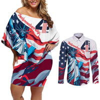 Personalized United States Independence Day Couples Matching Off Shoulder Short Dress and Long Sleeve Button Shirt Statue of Liberty Happy 4th Of July LT9 - Wonder Print Shop