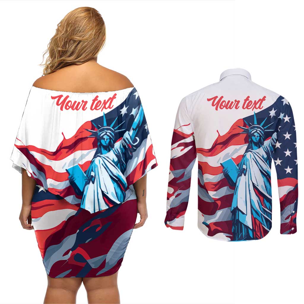 Personalized United States Independence Day Couples Matching Off Shoulder Short Dress and Long Sleeve Button Shirt Statue of Liberty Happy 4th Of July LT9 - Wonder Print Shop