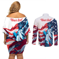 Personalized United States Independence Day Couples Matching Off Shoulder Short Dress and Long Sleeve Button Shirt Statue of Liberty Happy 4th Of July LT9 - Wonder Print Shop