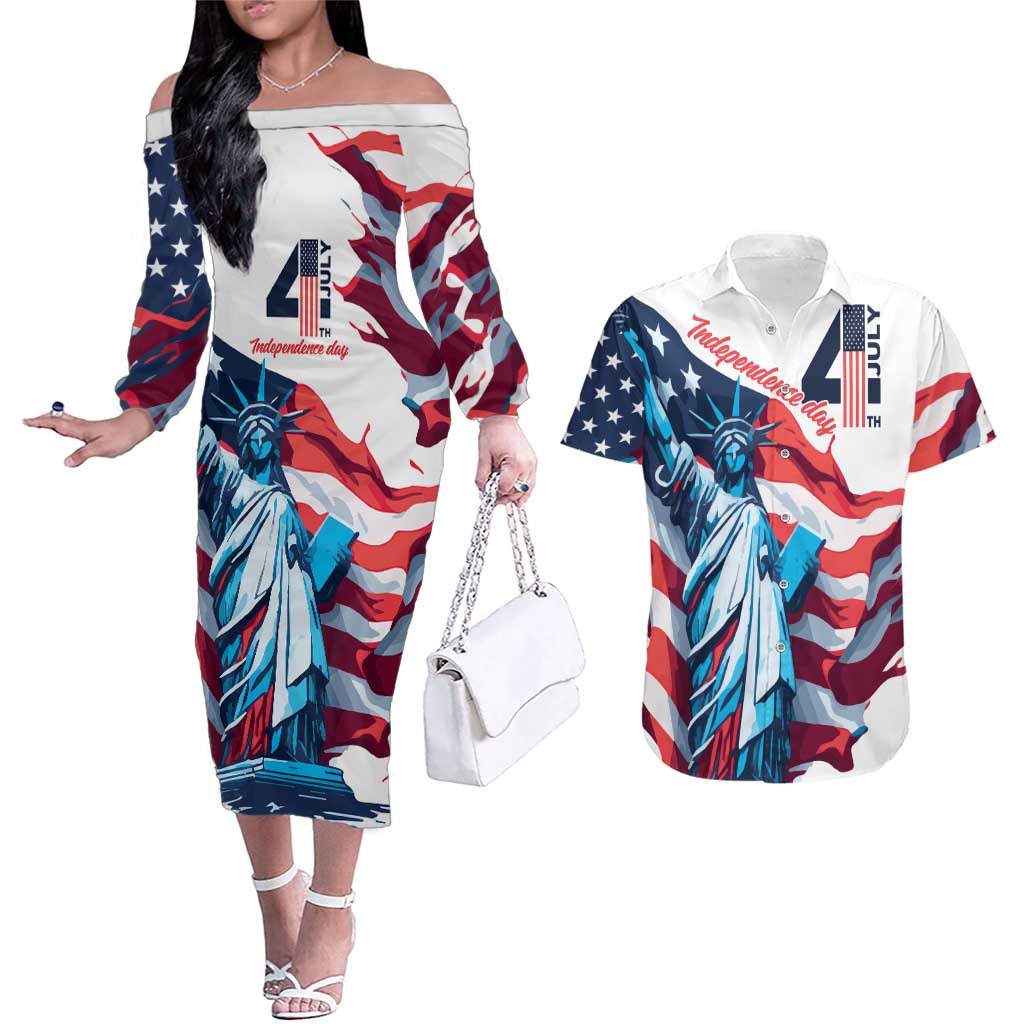 Personalized United States Independence Day Couples Matching Off The Shoulder Long Sleeve Dress and Hawaiian Shirt Statue of Liberty Happy 4th Of July LT9 - Wonder Print Shop