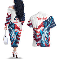 Personalized United States Independence Day Couples Matching Off The Shoulder Long Sleeve Dress and Hawaiian Shirt Statue of Liberty Happy 4th Of July LT9 - Wonder Print Shop