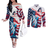 Personalized United States Independence Day Couples Matching Off The Shoulder Long Sleeve Dress and Long Sleeve Button Shirt Statue of Liberty Happy 4th Of July