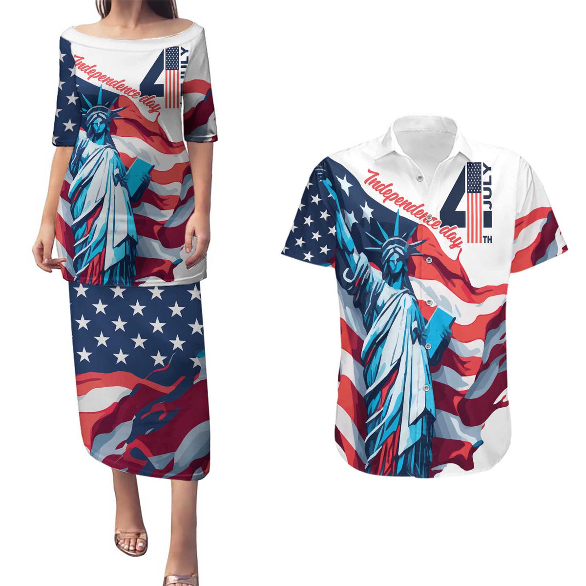 Personalized United States Independence Day Couples Matching Puletasi and Hawaiian Shirt Statue of Liberty Happy 4th Of July LT9 - Wonder Print Shop
