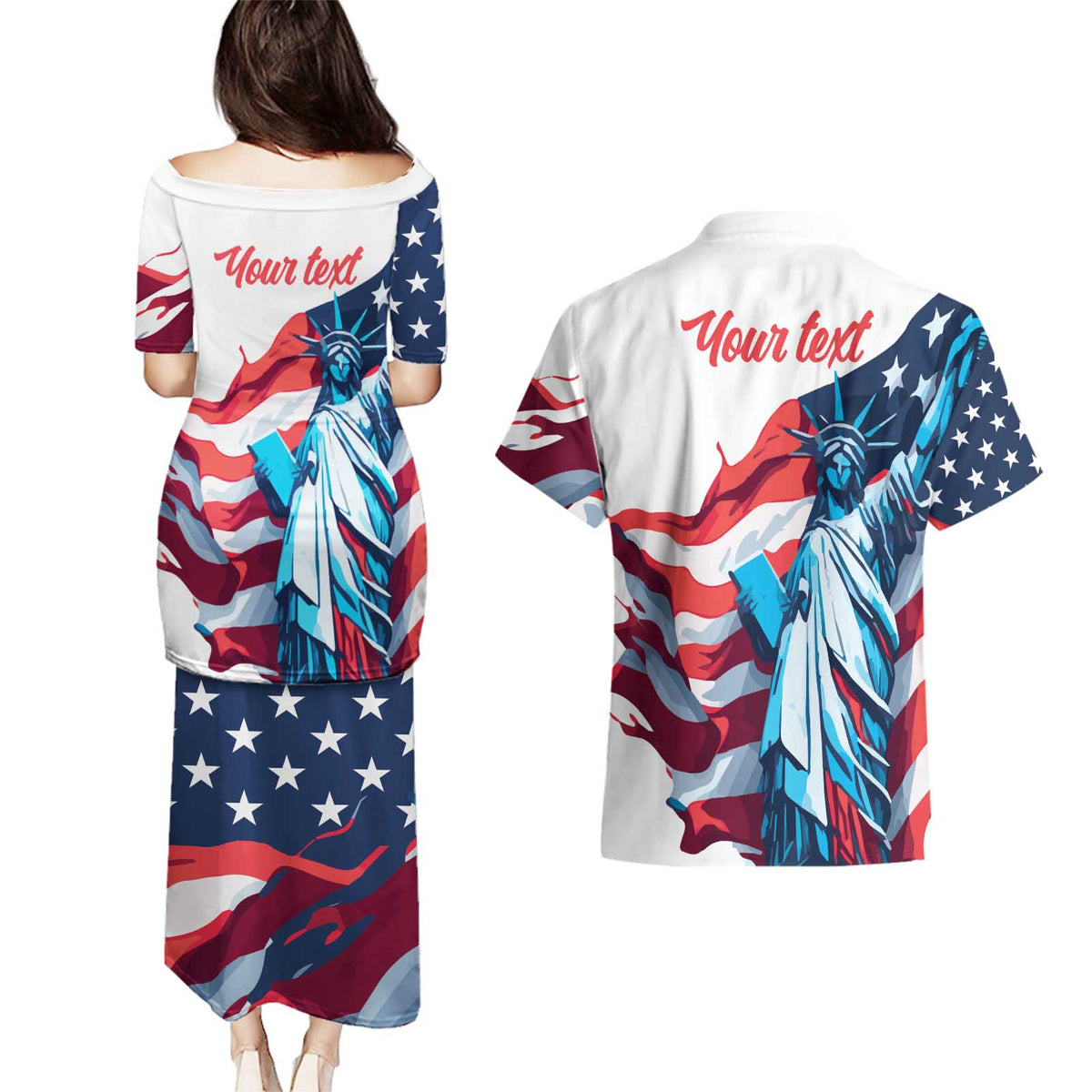 Personalized United States Independence Day Couples Matching Puletasi and Hawaiian Shirt Statue of Liberty Happy 4th Of July LT9 - Wonder Print Shop