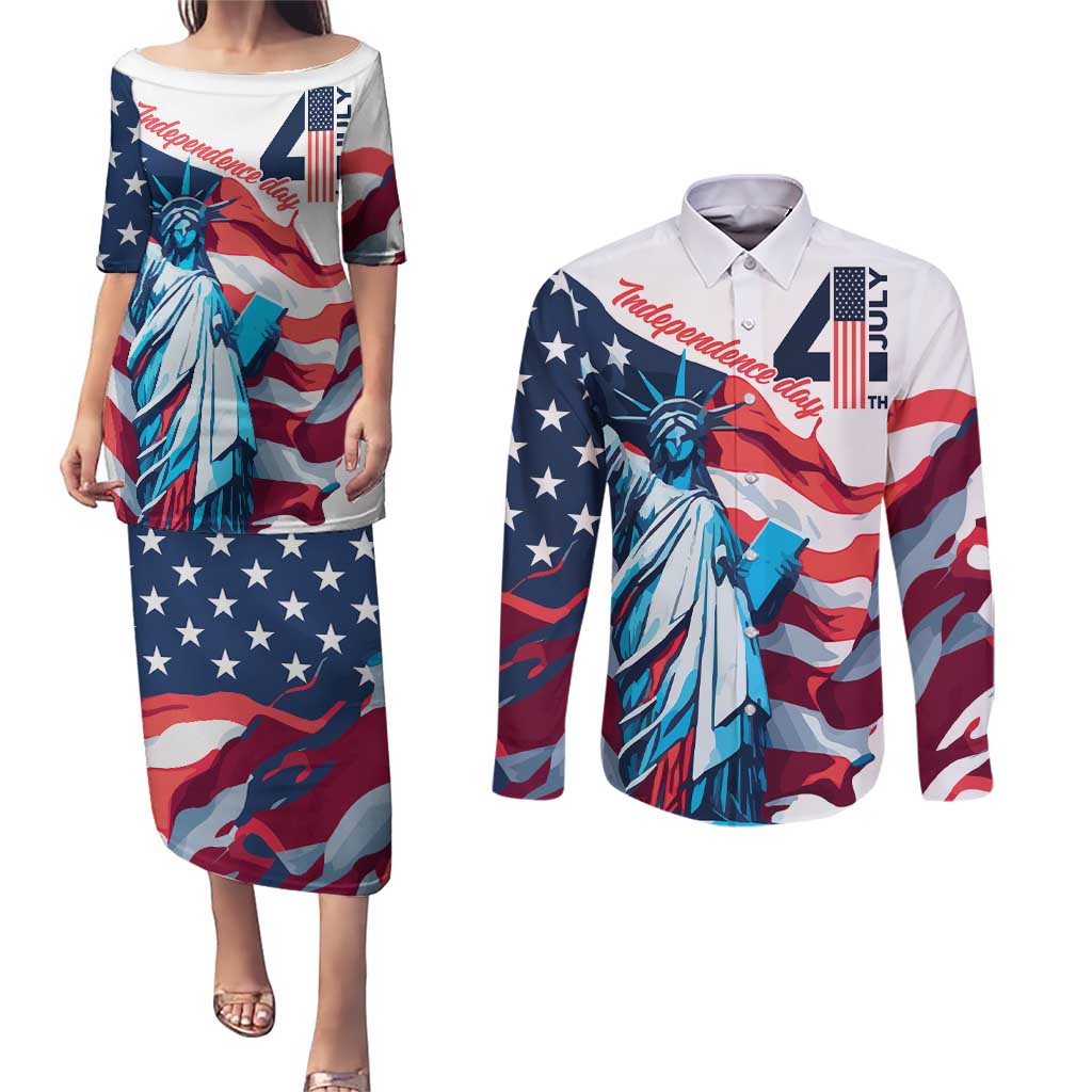 Personalized United States Independence Day Couples Matching Puletasi and Long Sleeve Button Shirt Statue of Liberty Happy 4th Of July LT9 - Wonder Print Shop