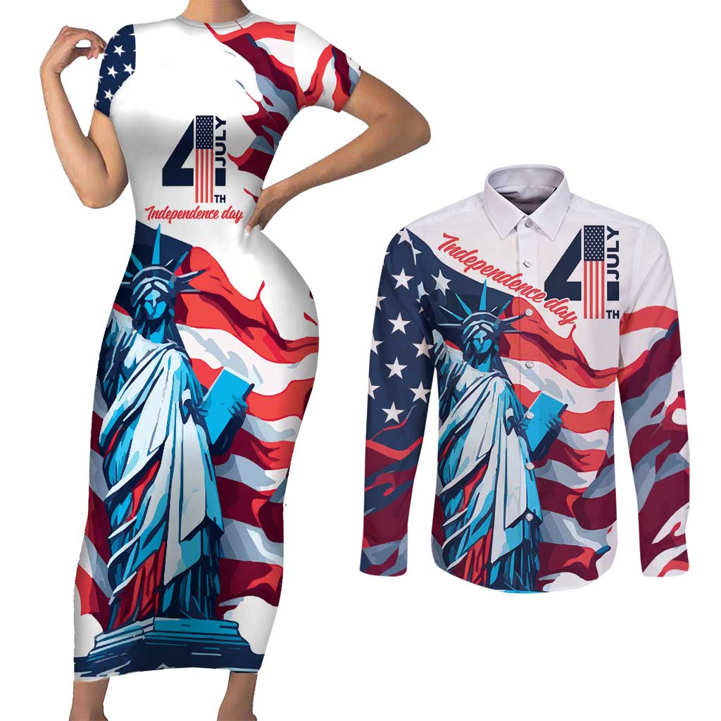 Personalized United States Independence Day Couples Matching Short Sleeve Bodycon Dress and Long Sleeve Button Shirt Statue of Liberty Happy 4th Of July LT9 - Wonder Print Shop