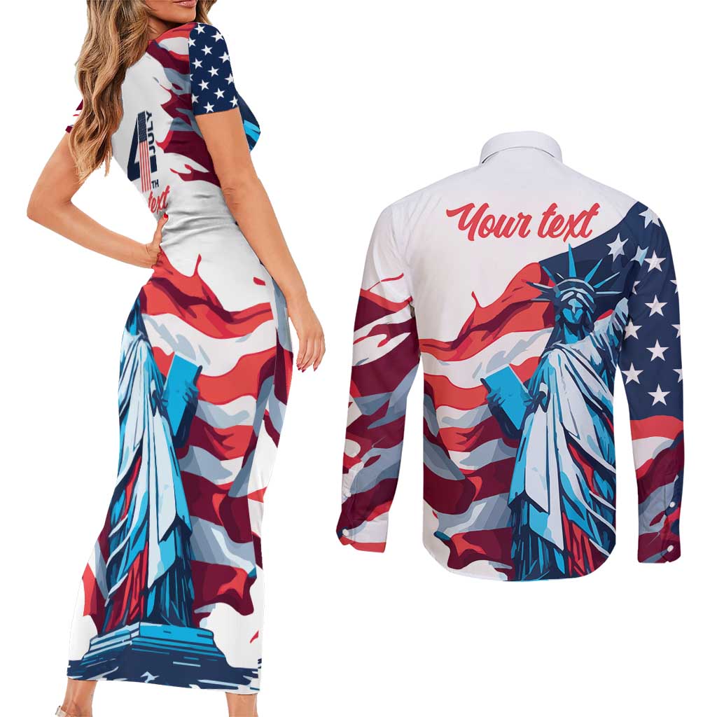 Personalized United States Independence Day Couples Matching Short Sleeve Bodycon Dress and Long Sleeve Button Shirt Statue of Liberty Happy 4th Of July LT9 - Wonder Print Shop