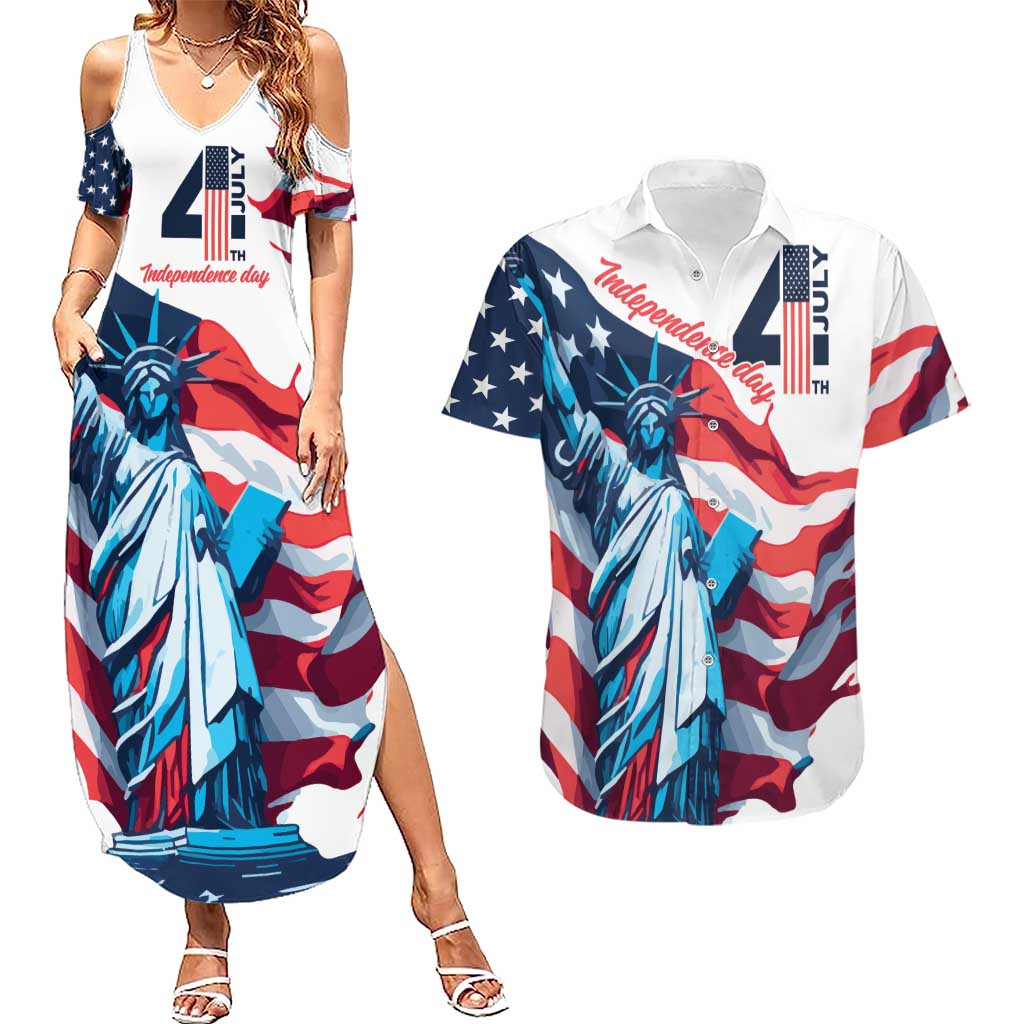 Personalized United States Independence Day Couples Matching Summer Maxi Dress and Hawaiian Shirt Statue of Liberty Happy 4th Of July LT9 - Wonder Print Shop