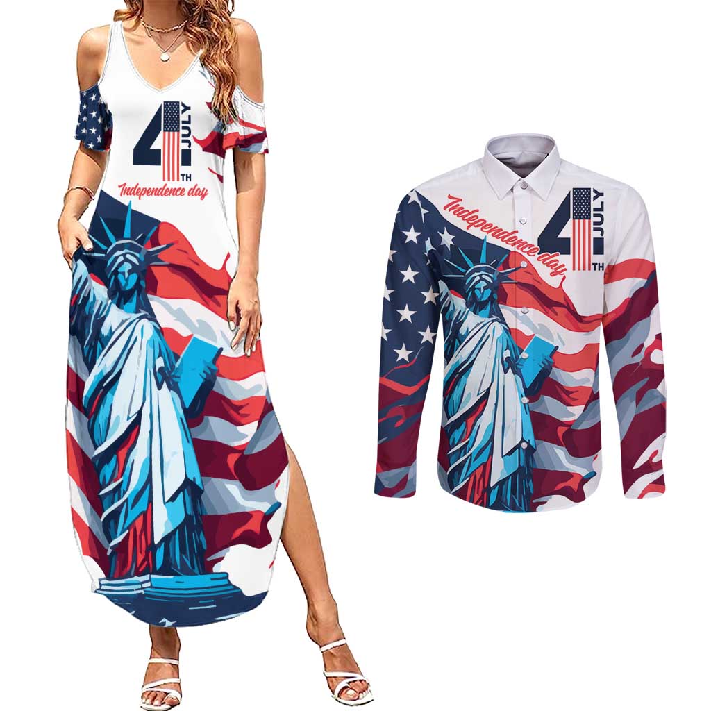 Personalized United States Independence Day Couples Matching Summer Maxi Dress and Long Sleeve Button Shirt Statue of Liberty Happy 4th Of July LT9 - Wonder Print Shop