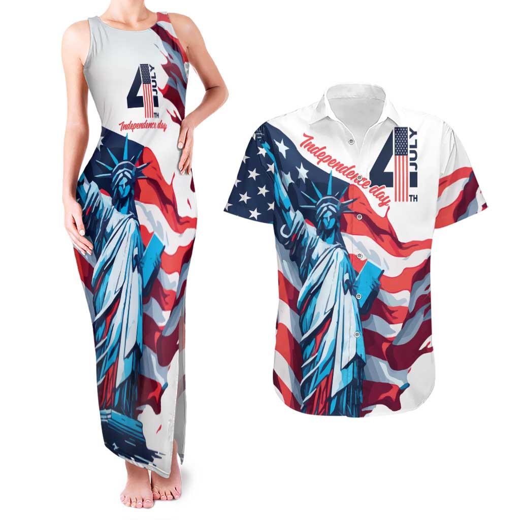 Personalized United States Independence Day Couples Matching Tank Maxi Dress and Hawaiian Shirt Statue of Liberty Happy 4th Of July LT9 - Wonder Print Shop