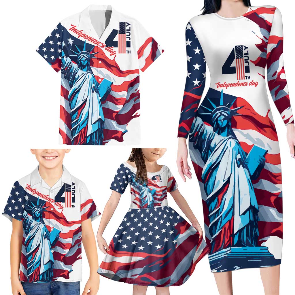 Personalized United States Independence Day Family Matching Long Sleeve Bodycon Dress and Hawaiian Shirt Statue of Liberty Happy 4th Of July LT9 - Wonder Print Shop