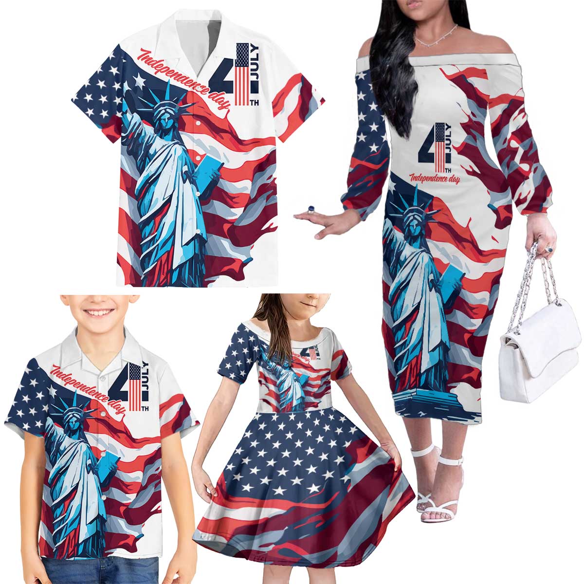 Personalized United States Independence Day Family Matching Off The Shoulder Long Sleeve Dress and Hawaiian Shirt Statue of Liberty Happy 4th Of July - Wonder Print Shop