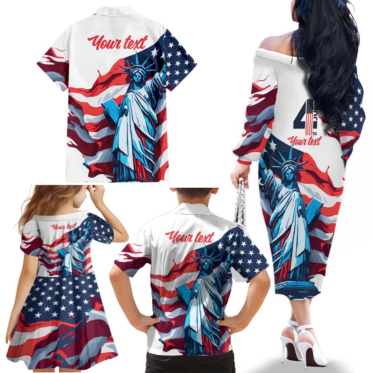 Personalized United States Independence Day Family Matching Off The Shoulder Long Sleeve Dress and Hawaiian Shirt Statue of Liberty Happy 4th Of July - Wonder Print Shop