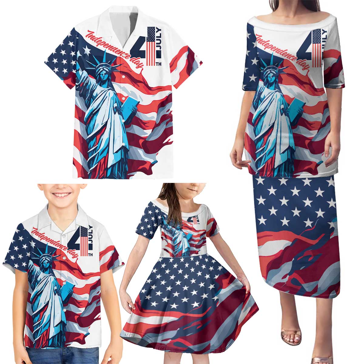 Personalized United States Independence Day Family Matching Puletasi and Hawaiian Shirt Statue of Liberty Happy 4th Of July - Wonder Print Shop