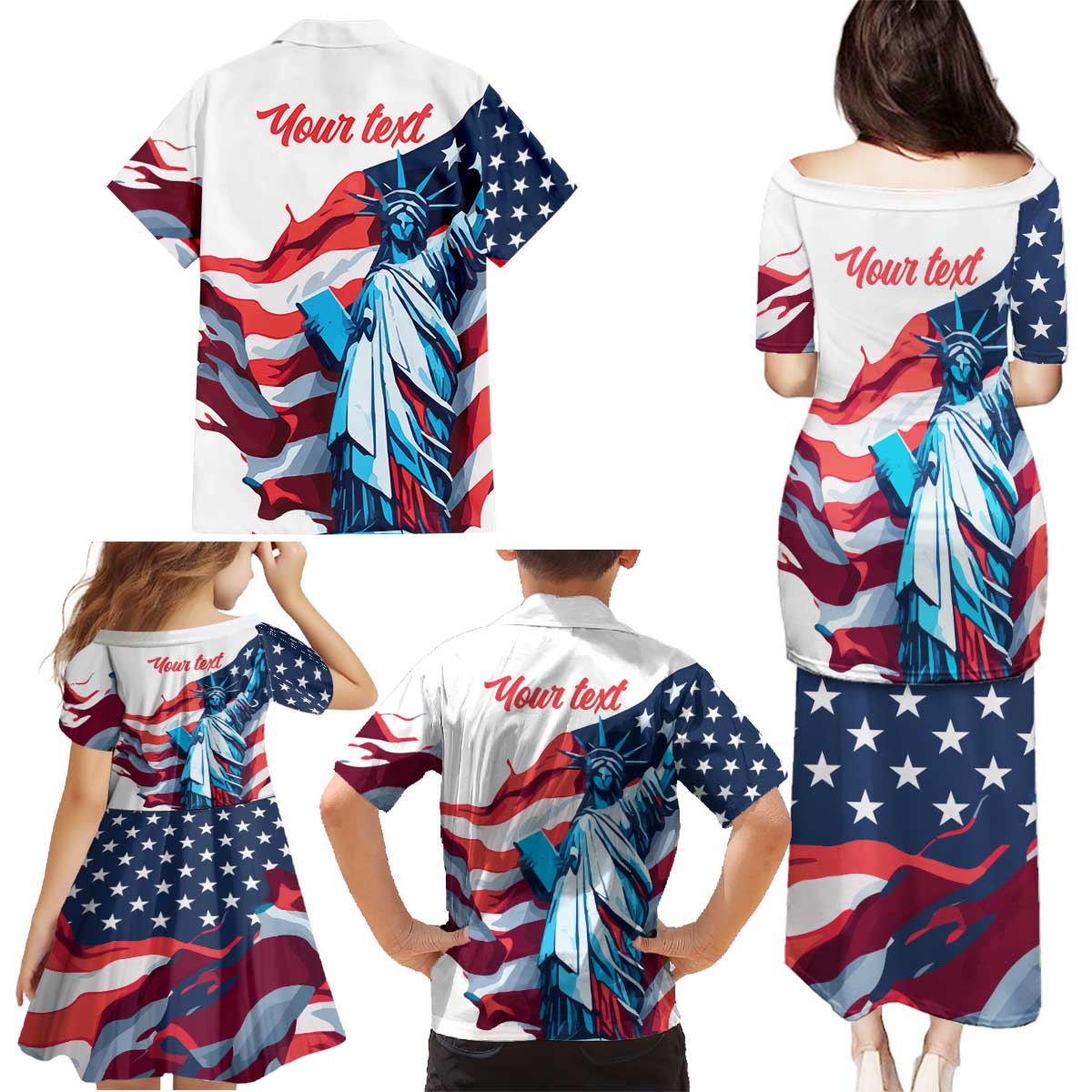 Personalized United States Independence Day Family Matching Puletasi and Hawaiian Shirt Statue of Liberty Happy 4th Of July - Wonder Print Shop