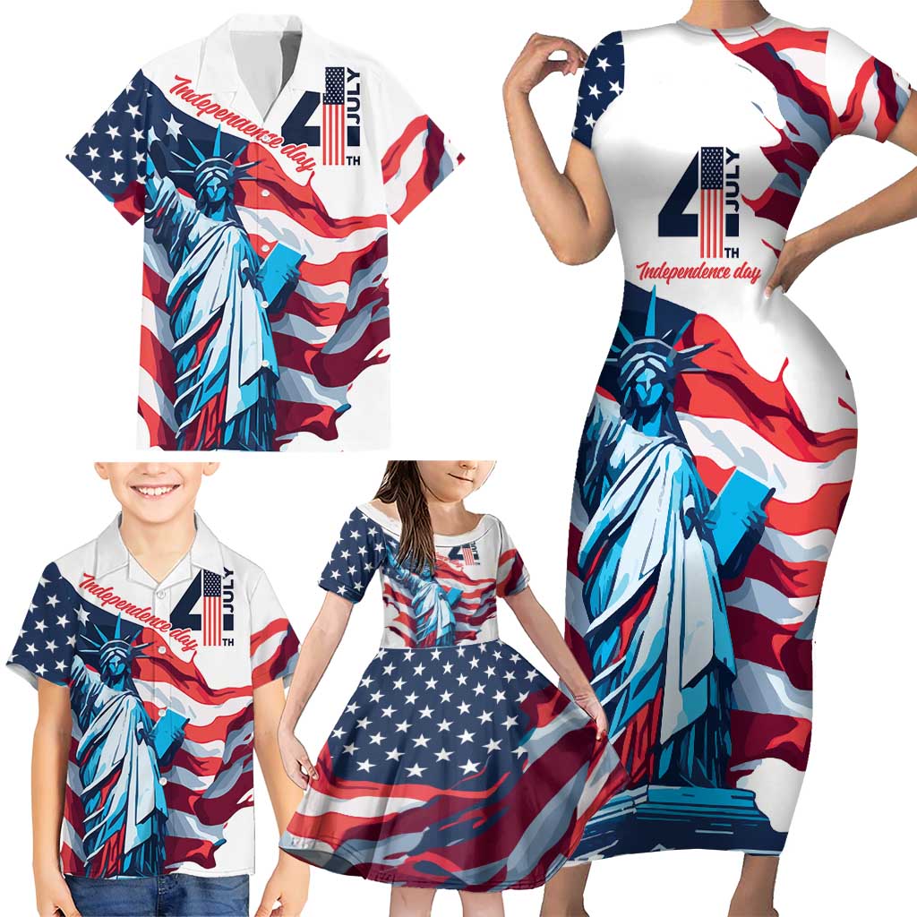 Personalized United States Independence Day Family Matching Short Sleeve Bodycon Dress and Hawaiian Shirt Statue of Liberty Happy 4th Of July - Wonder Print Shop