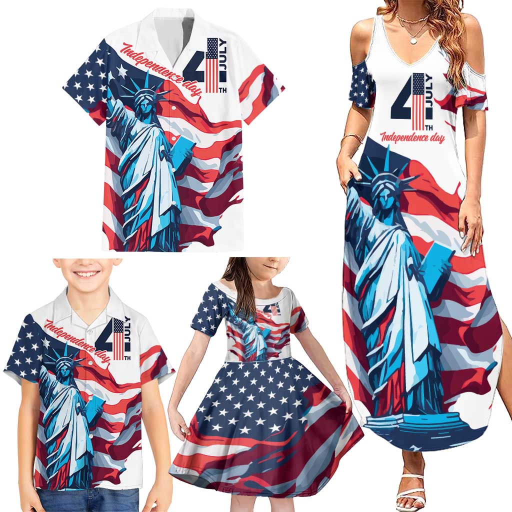 Personalized United States Independence Day Family Matching Summer Maxi Dress and Hawaiian Shirt Statue of Liberty Happy 4th Of July - Wonder Print Shop