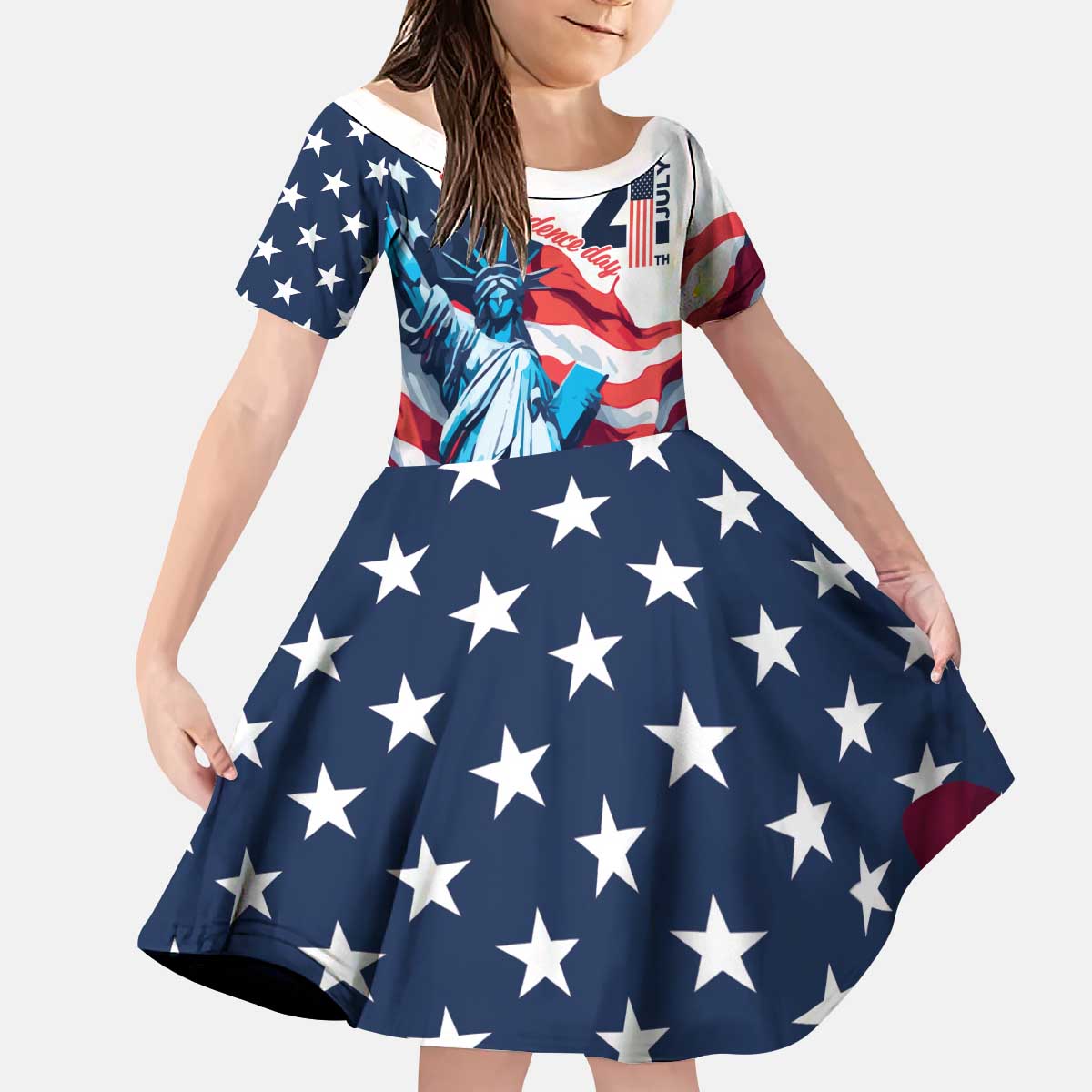 Personalized United States Independence Day Kid Short Sleeve Dress Statue of Liberty Happy 4th Of July - Wonder Print Shop