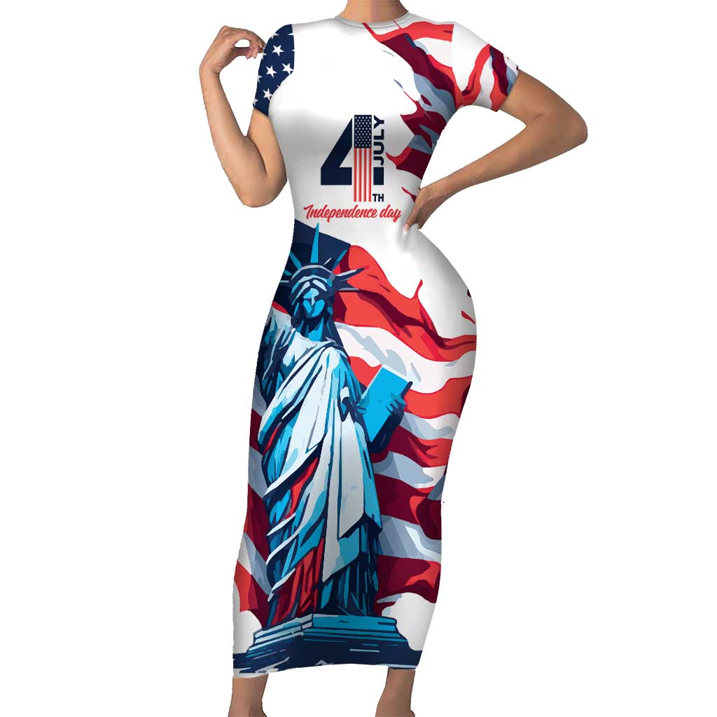 Personalized United States Independence Day Short Sleeve Bodycon Dress Statue of Liberty Happy 4th Of July - Wonder Print Shop