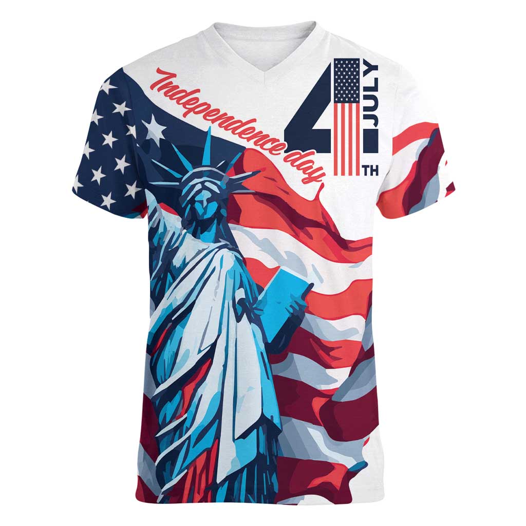Personalized United States Independence Day Women V-Neck T-Shirt Statue of Liberty Happy 4th Of July - Wonder Print Shop