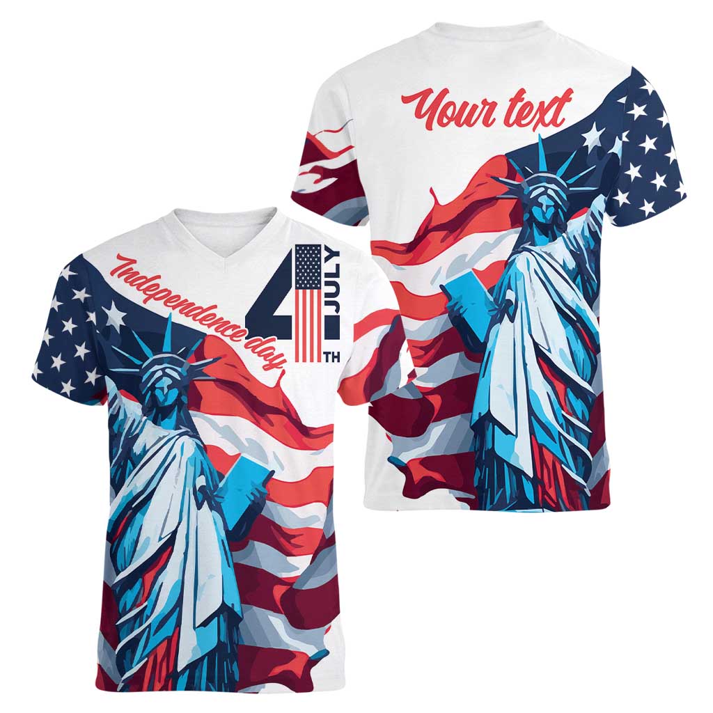 Personalized United States Independence Day Women V-Neck T-Shirt Statue of Liberty Happy 4th Of July - Wonder Print Shop