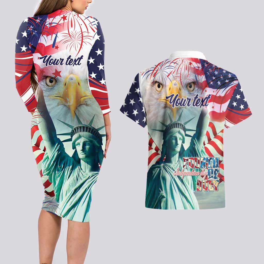 Personalized 4th of July USA Statue of Liberty Couples Matching Long Sleeve Bodycon Dress and Hawaiian Shirt Happy Independence Day LT9 - Wonder Print Shop