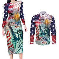 Personalized 4th of July USA Statue of Liberty Couples Matching Long Sleeve Bodycon Dress and Long Sleeve Button Shirt Happy Independence Day LT9 - Wonder Print Shop