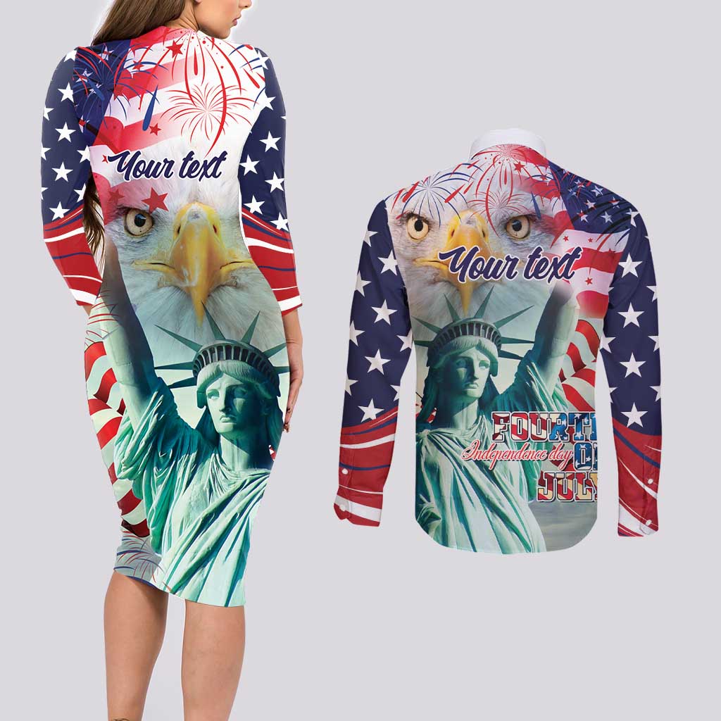 Personalized 4th of July USA Statue of Liberty Couples Matching Long Sleeve Bodycon Dress and Long Sleeve Button Shirt Happy Independence Day LT9 - Wonder Print Shop