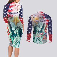 Personalized 4th of July USA Statue of Liberty Couples Matching Long Sleeve Bodycon Dress and Long Sleeve Button Shirt Happy Independence Day LT9 - Wonder Print Shop