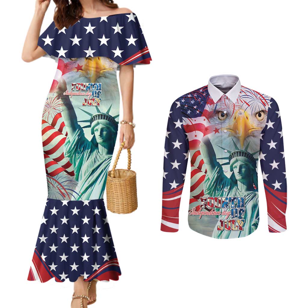 Personalized 4th of July USA Statue of Liberty Couples Matching Mermaid Dress and Long Sleeve Button Shirt Happy Independence Day