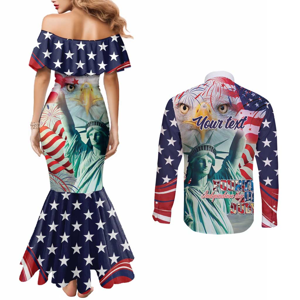 Personalized 4th of July USA Statue of Liberty Couples Matching Mermaid Dress and Long Sleeve Button Shirt Happy Independence Day