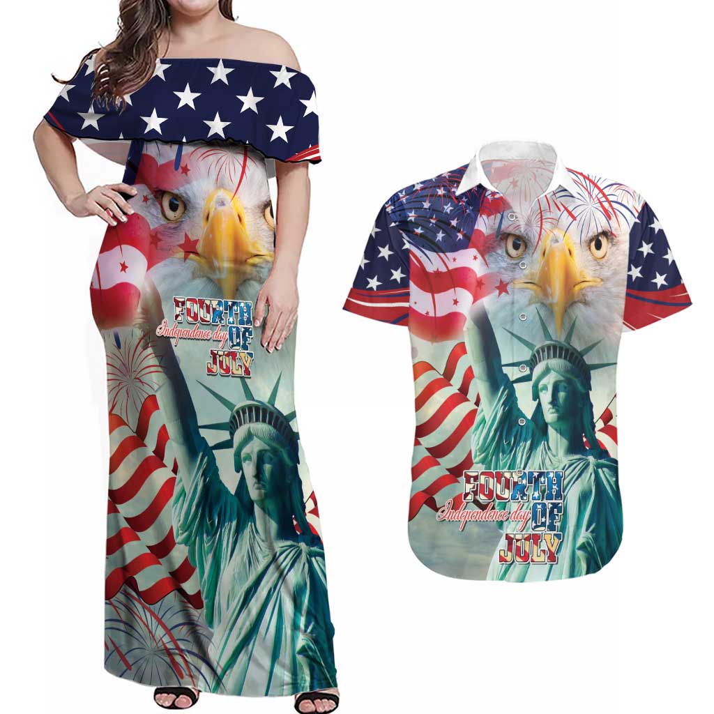 Personalized 4th of July USA Statue of Liberty Couples Matching Off Shoulder Maxi Dress and Hawaiian Shirt Happy Independence Day LT9 - Wonder Print Shop