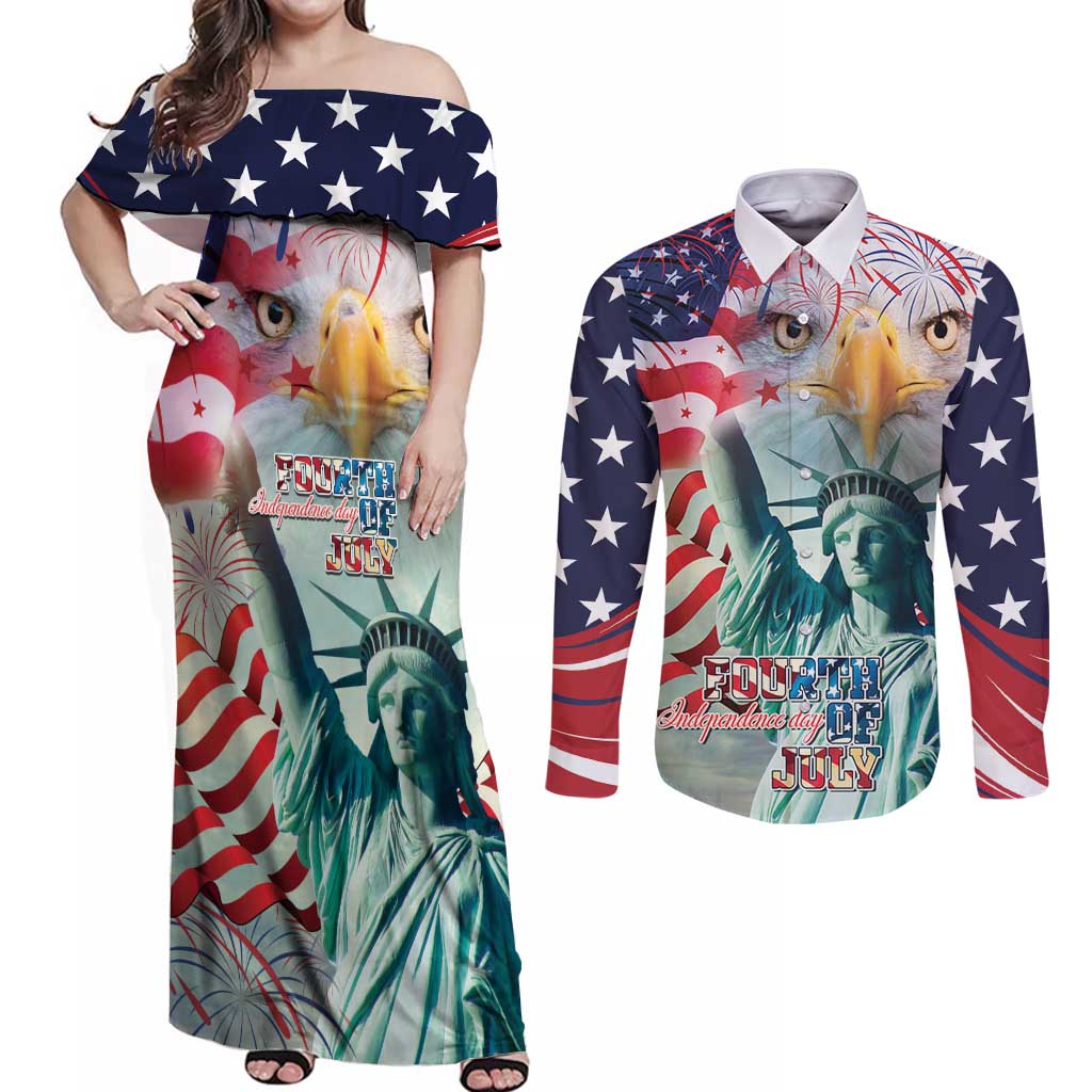 Personalized 4th of July USA Statue of Liberty Couples Matching Off Shoulder Maxi Dress and Long Sleeve Button Shirt Happy Independence Day LT9 - Wonder Print Shop