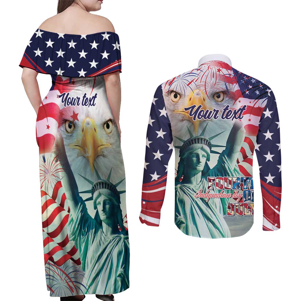 Personalized 4th of July USA Statue of Liberty Couples Matching Off Shoulder Maxi Dress and Long Sleeve Button Shirt Happy Independence Day LT9 - Wonder Print Shop