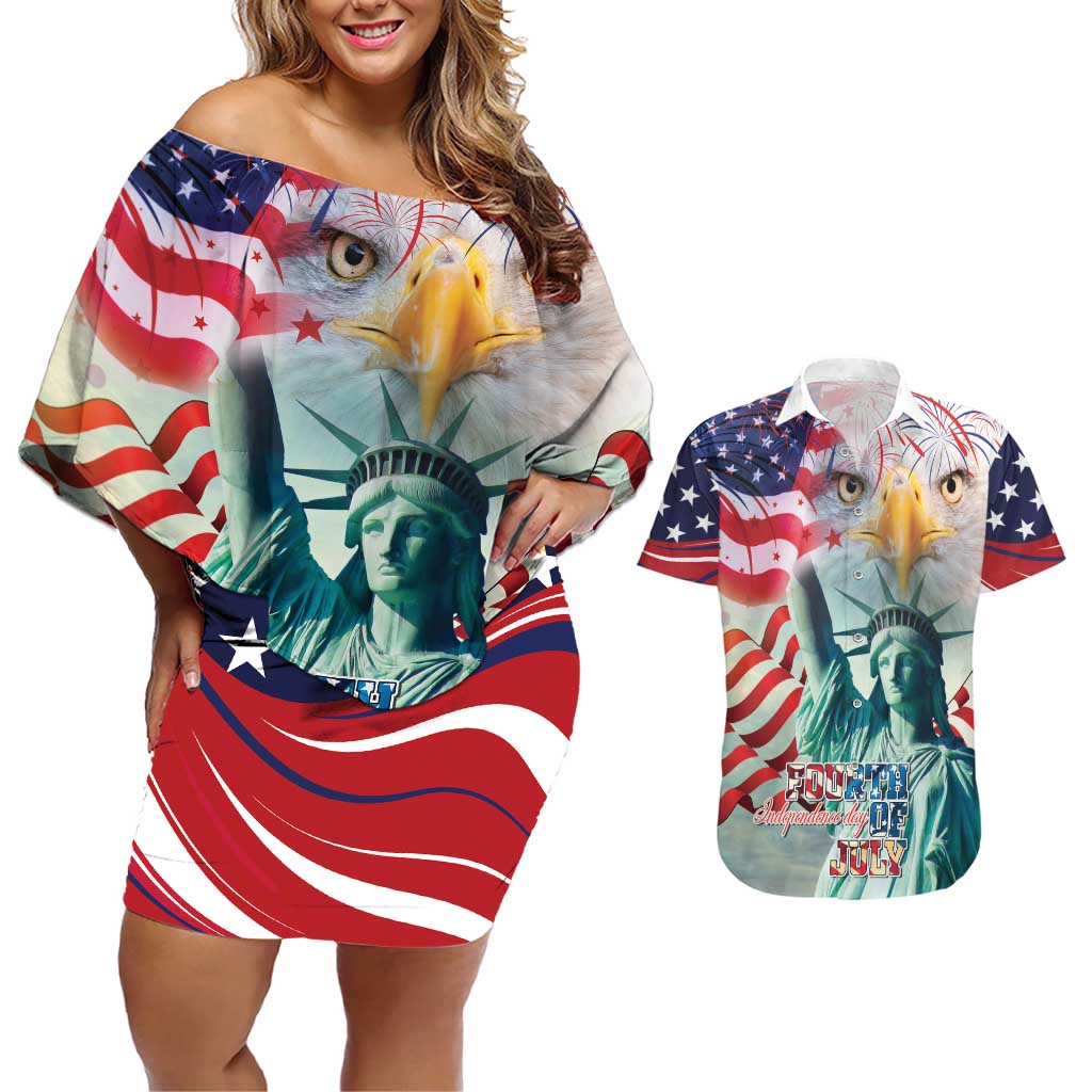 Personalized 4th of July USA Statue of Liberty Couples Matching Off Shoulder Short Dress and Hawaiian Shirt Happy Independence Day LT9 - Wonder Print Shop
