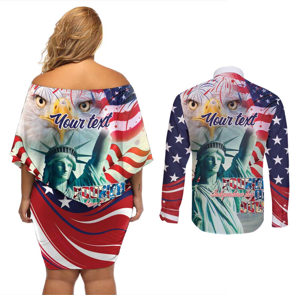 Personalized 4th of July USA Statue of Liberty Couples Matching Off Shoulder Short Dress and Long Sleeve Button Shirt Happy Independence Day LT9 - Wonder Print Shop