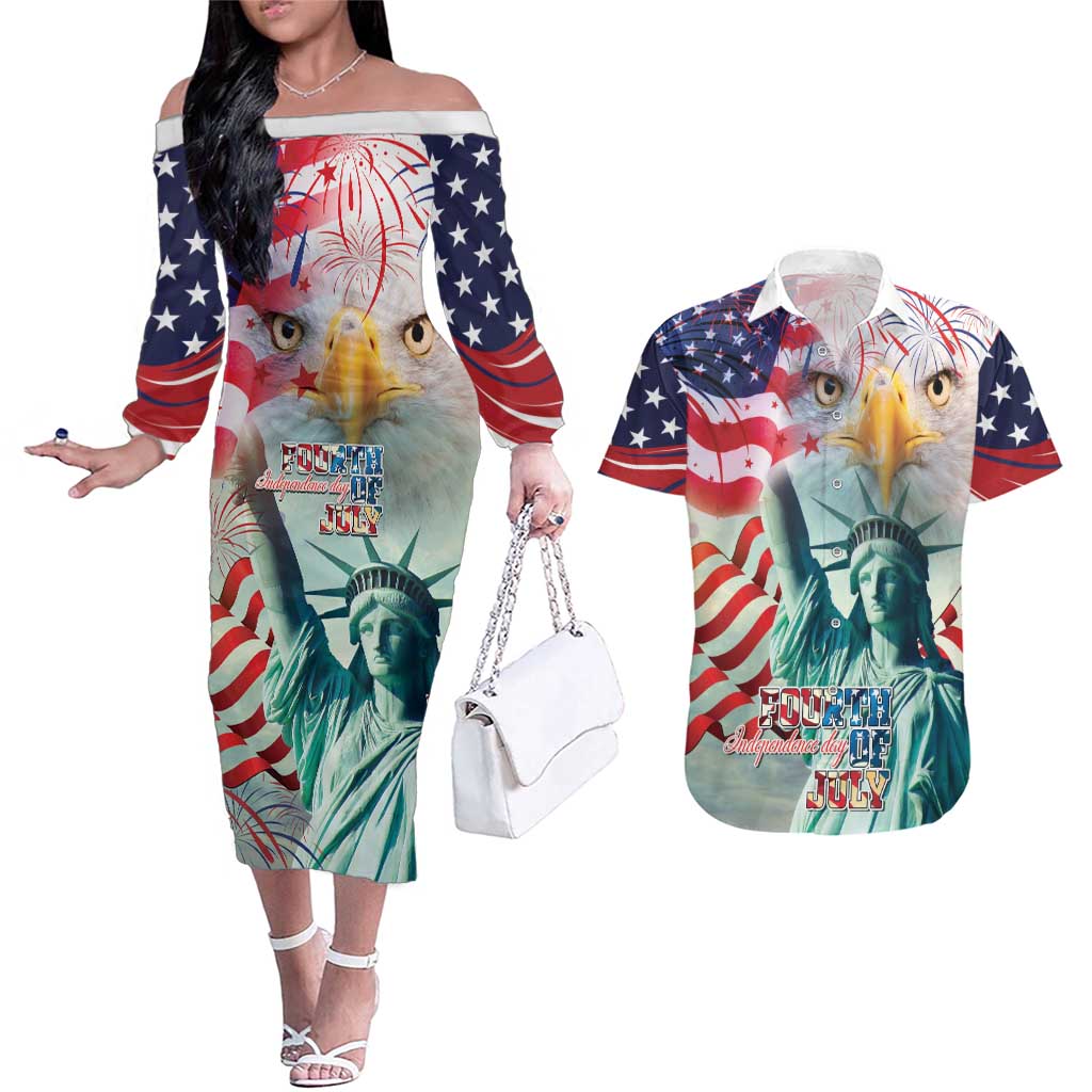 Personalized 4th of July USA Statue of Liberty Couples Matching Off The Shoulder Long Sleeve Dress and Hawaiian Shirt Happy Independence Day LT9 - Wonder Print Shop