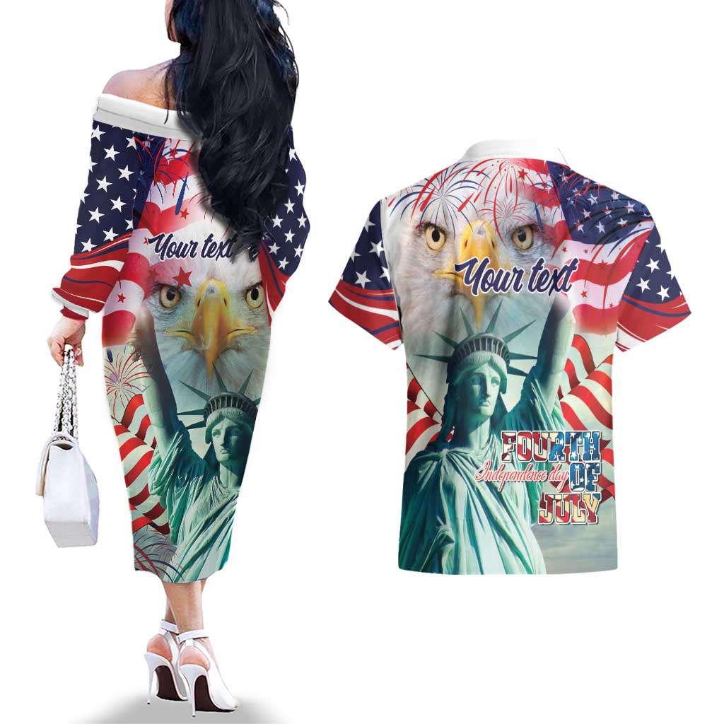 Personalized 4th of July USA Statue of Liberty Couples Matching Off The Shoulder Long Sleeve Dress and Hawaiian Shirt Happy Independence Day LT9 - Wonder Print Shop