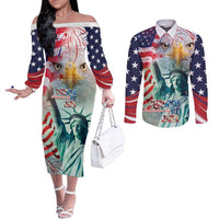 Personalized 4th of July USA Statue of Liberty Couples Matching Off The Shoulder Long Sleeve Dress and Long Sleeve Button Shirt Happy Independence Day