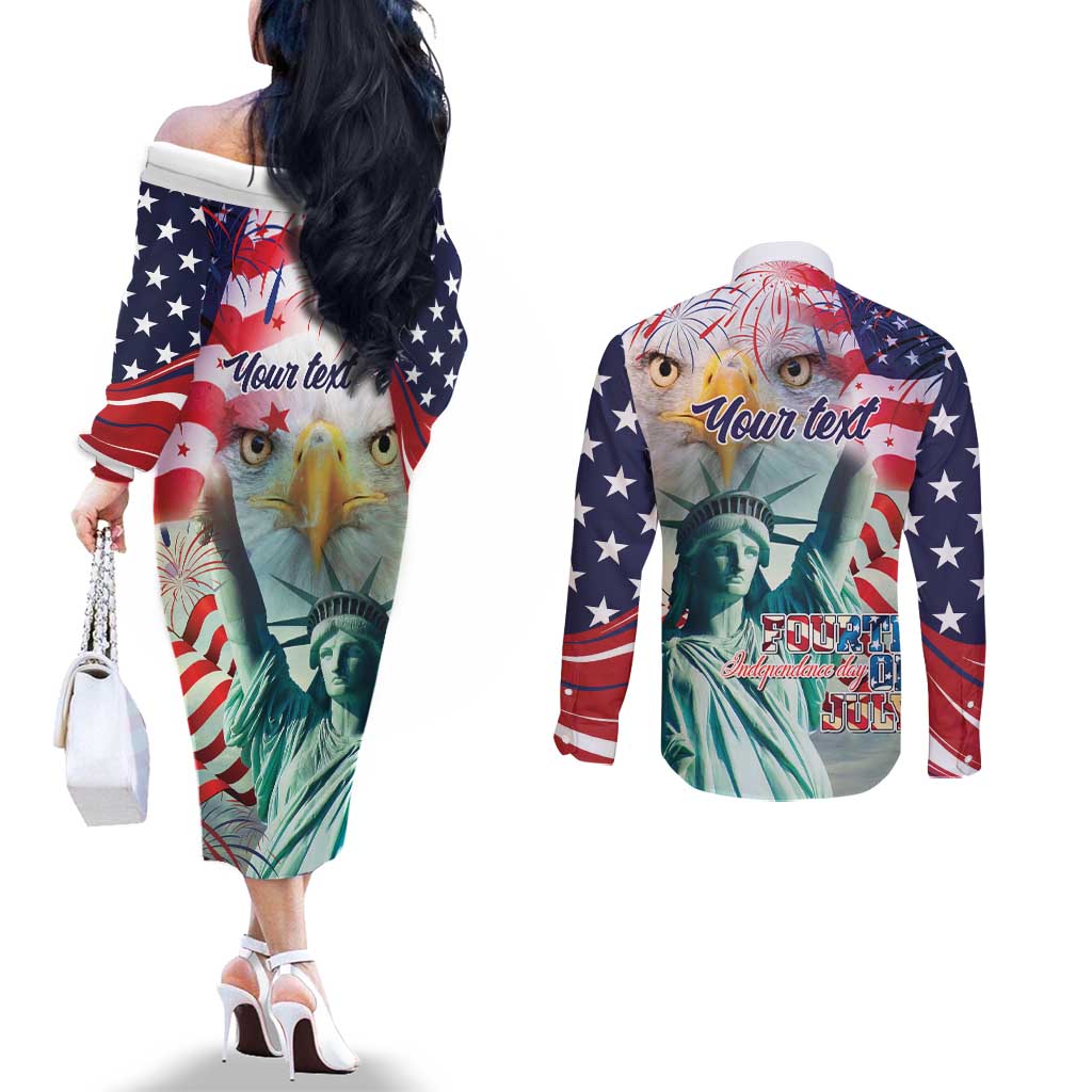 Personalized 4th of July USA Statue of Liberty Couples Matching Off The Shoulder Long Sleeve Dress and Long Sleeve Button Shirt Happy Independence Day